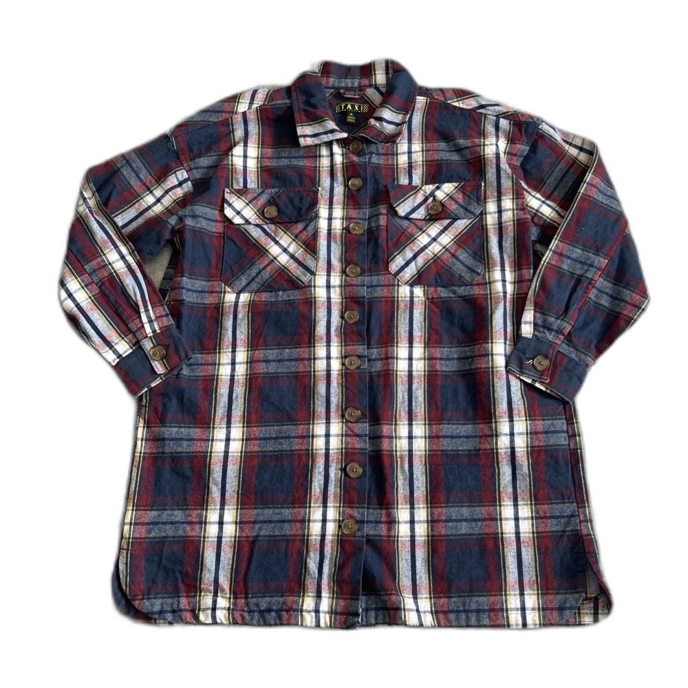 Taxi Shirt Womens XL Plaid Flannel Navy Maroon Button Front Pockets Heavyweight